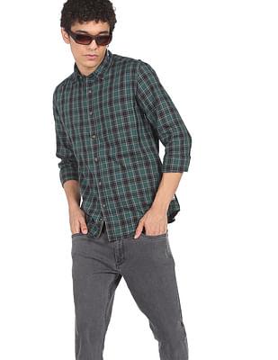 men dark green tartan check twill casual shirt