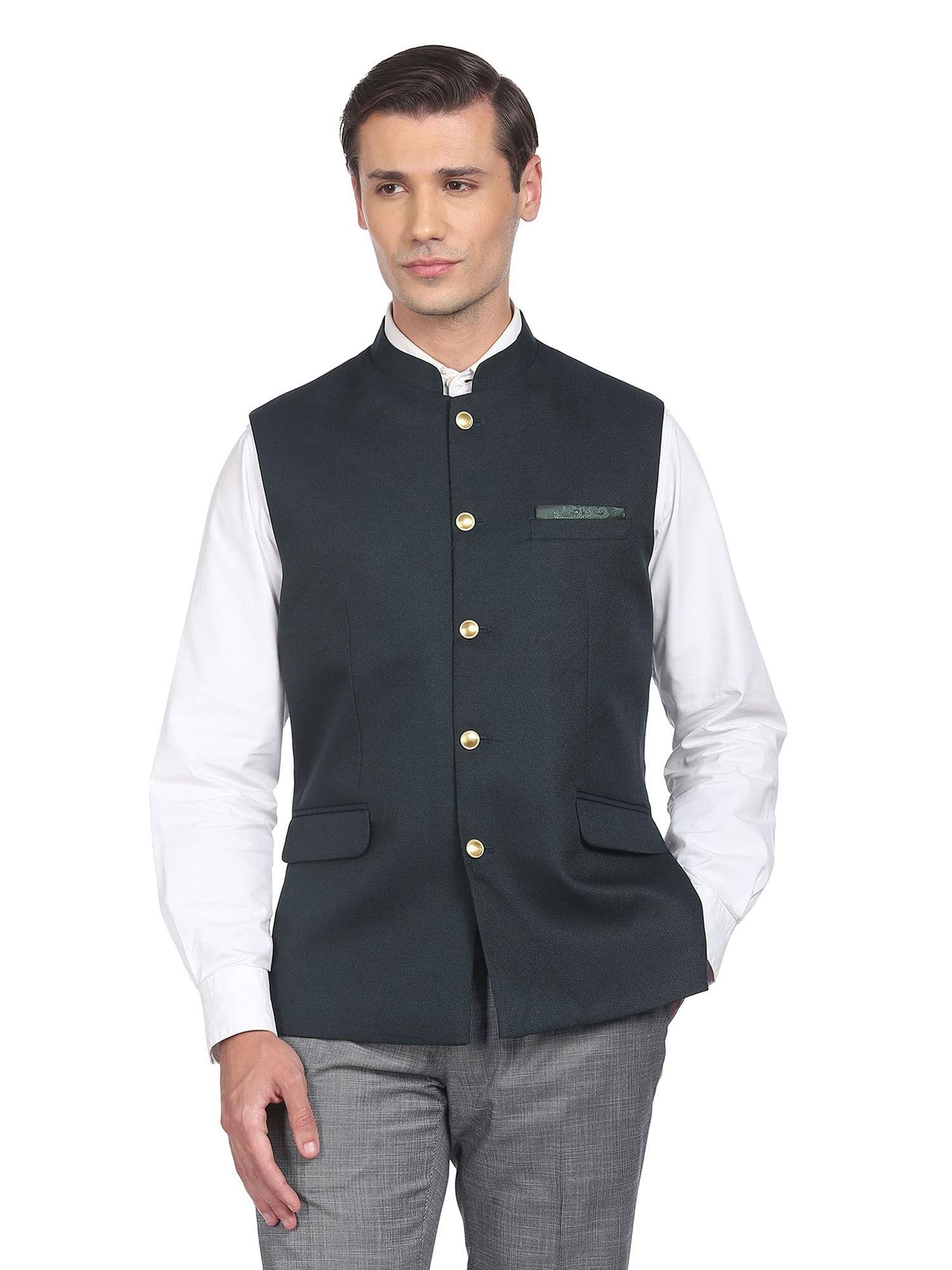 men dark green textured tailored regular fit nehru jacket