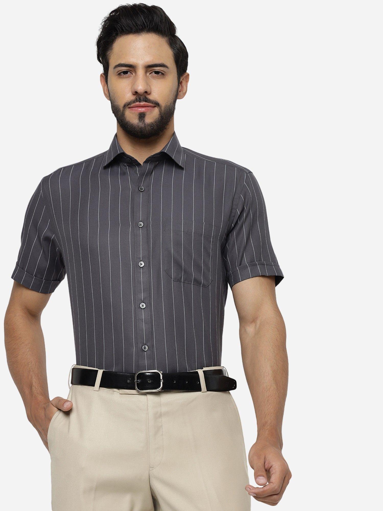 men dark grey blended regular fit striped formal shirt