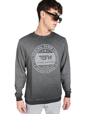 men dark grey brand print crew neck cotton sweatshirt