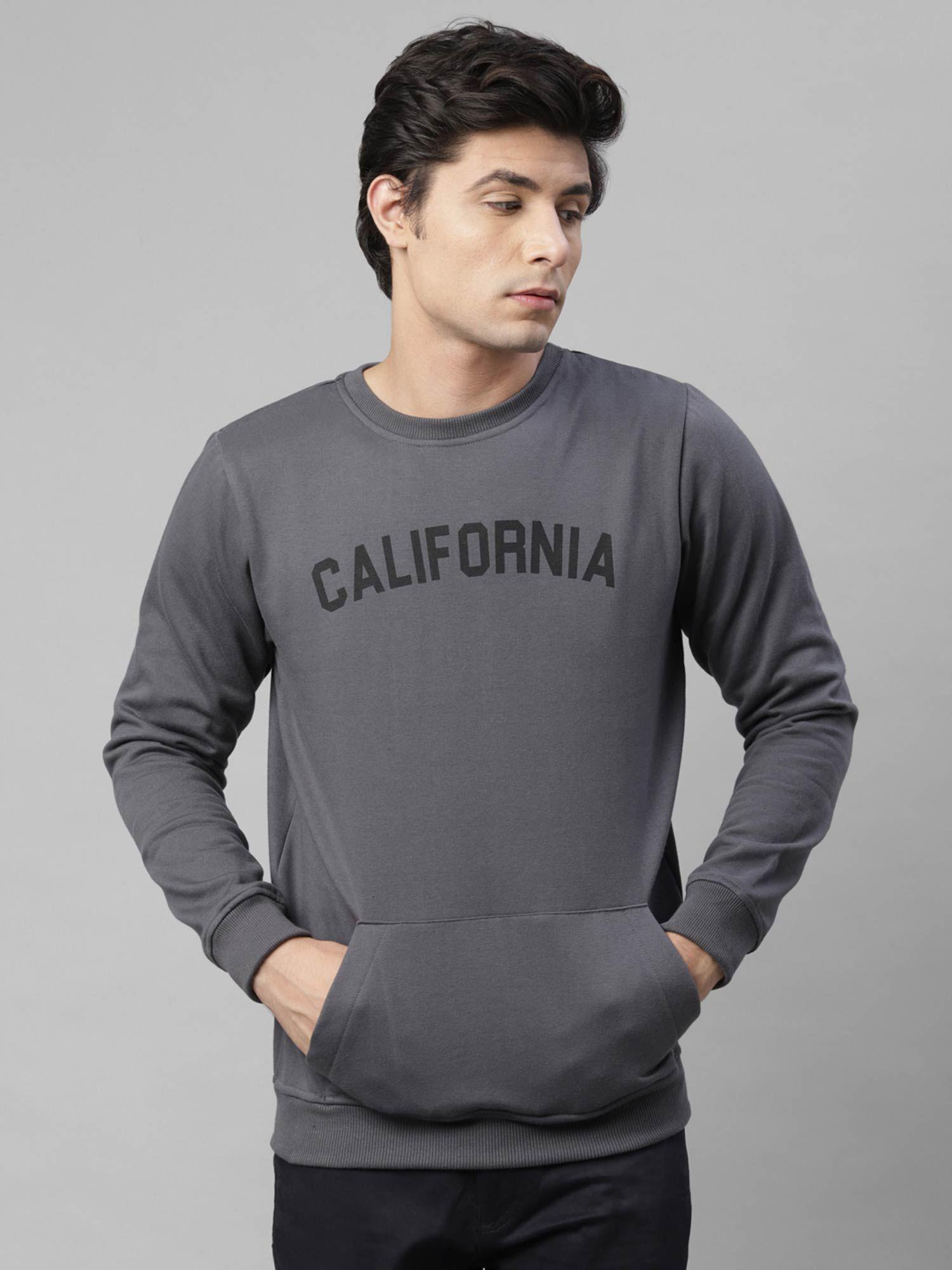 men dark grey california print round neck fleece sweatshirt
