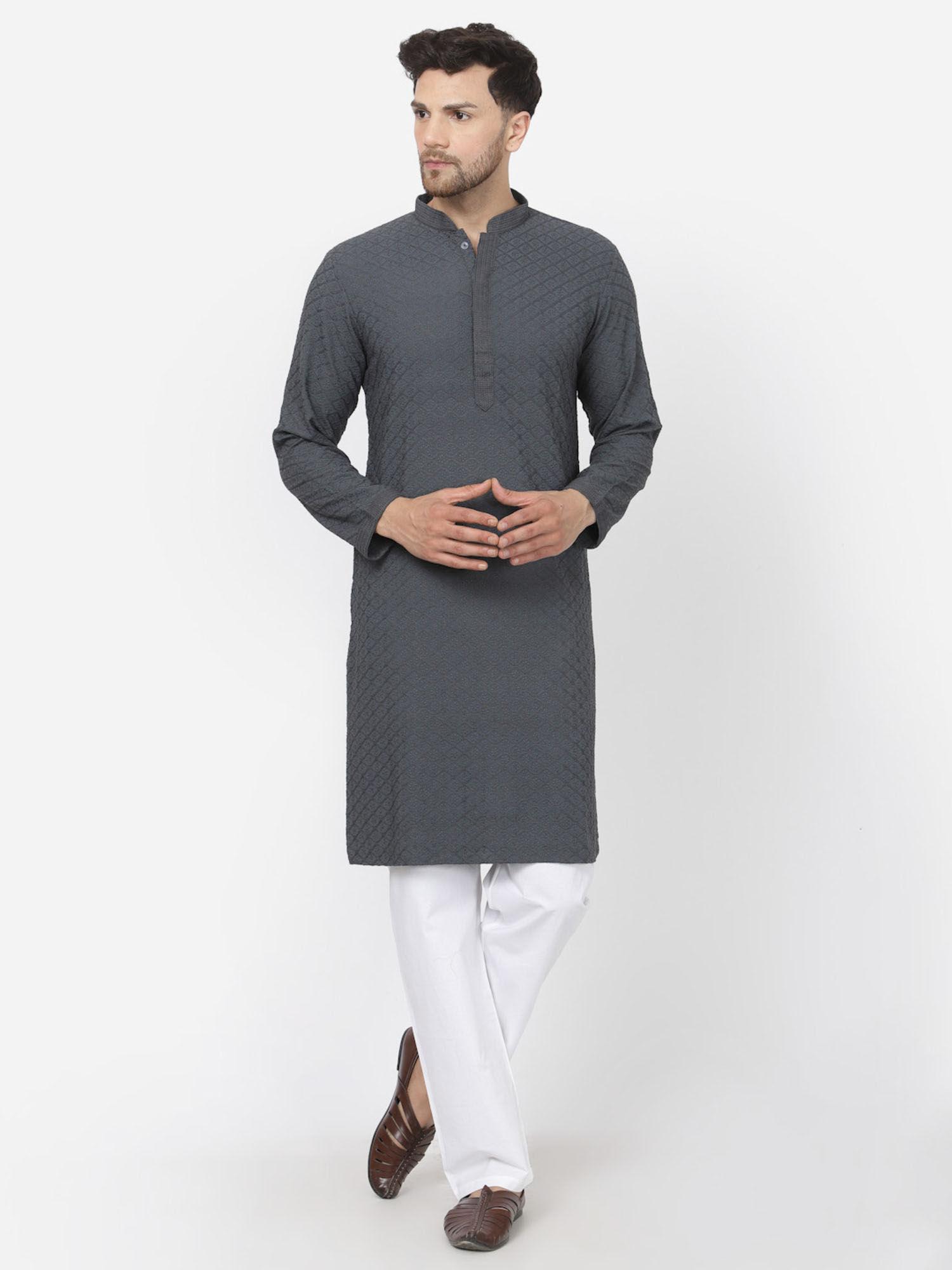 men dark grey cotton embroidered kurta with pyjama (set of 2)