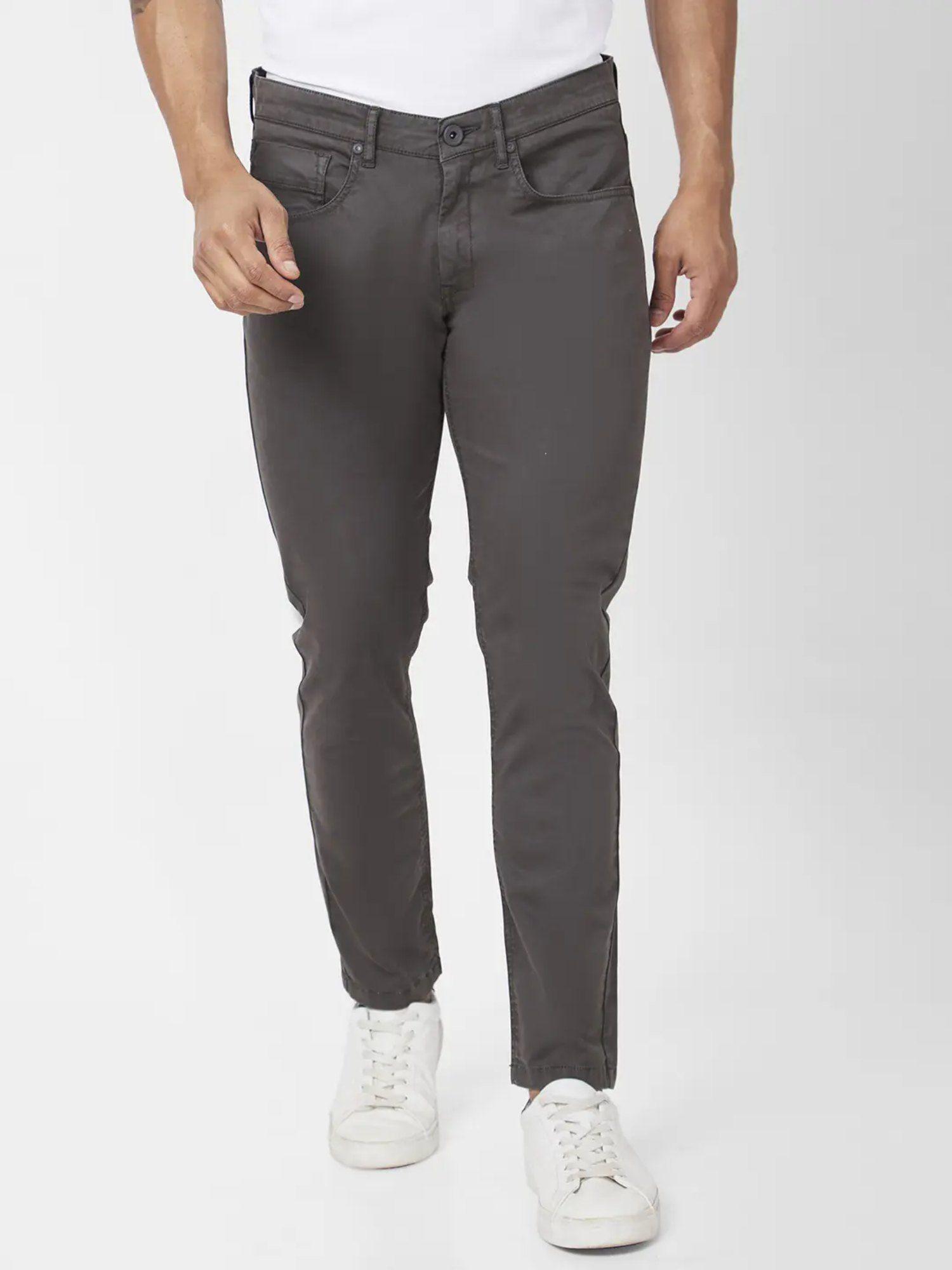 men dark grey cotton slim fit ankle length mid rise trousers