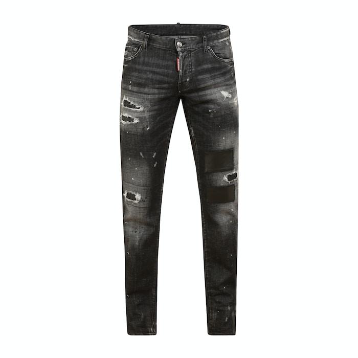men dark grey distressed and leather patchs jeans