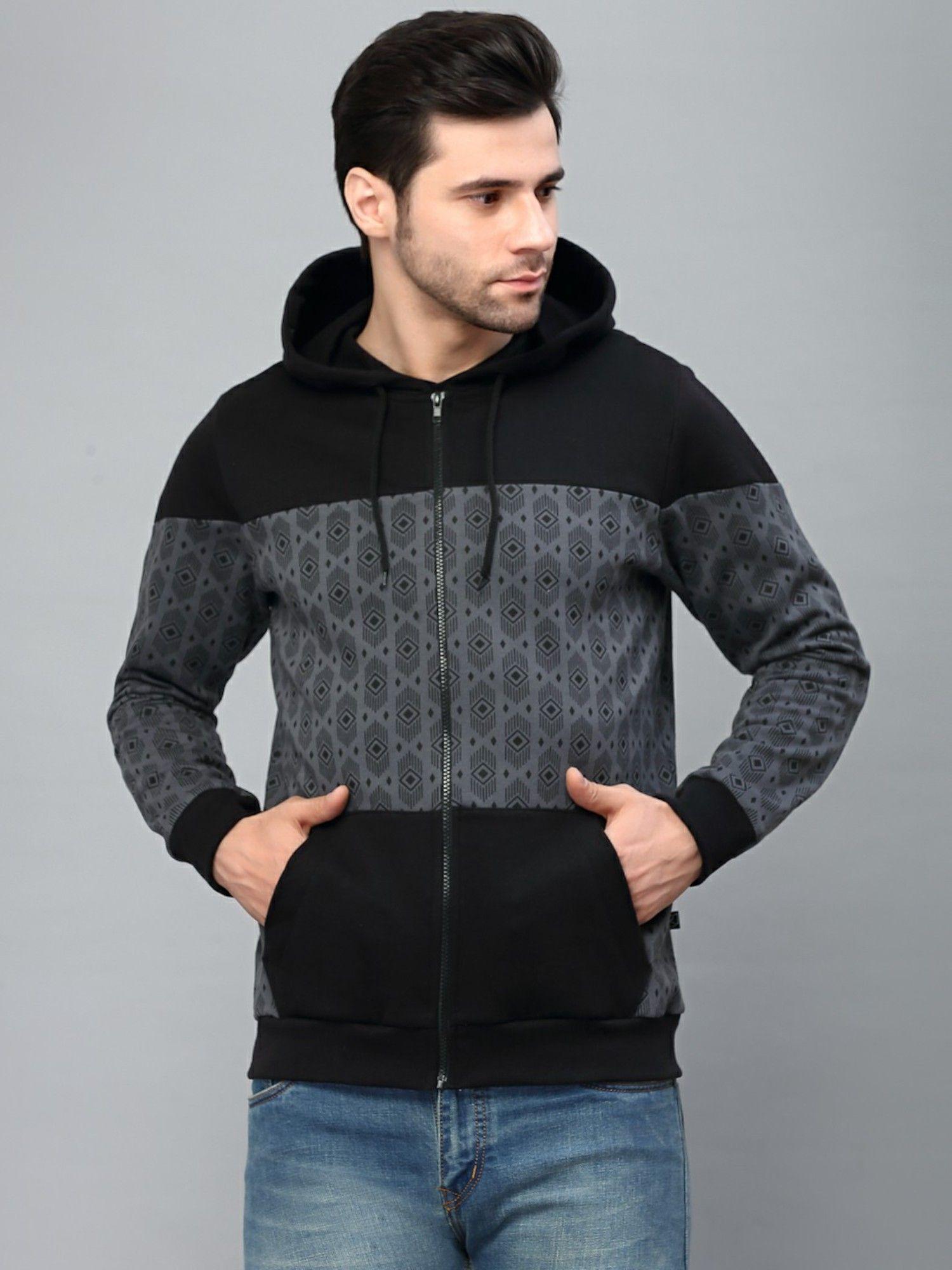 men dark grey hooded printed fleece jacket