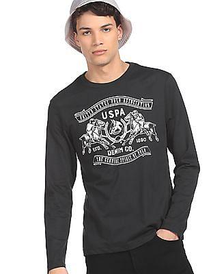 men dark grey long sleeve graphic print t-shirt