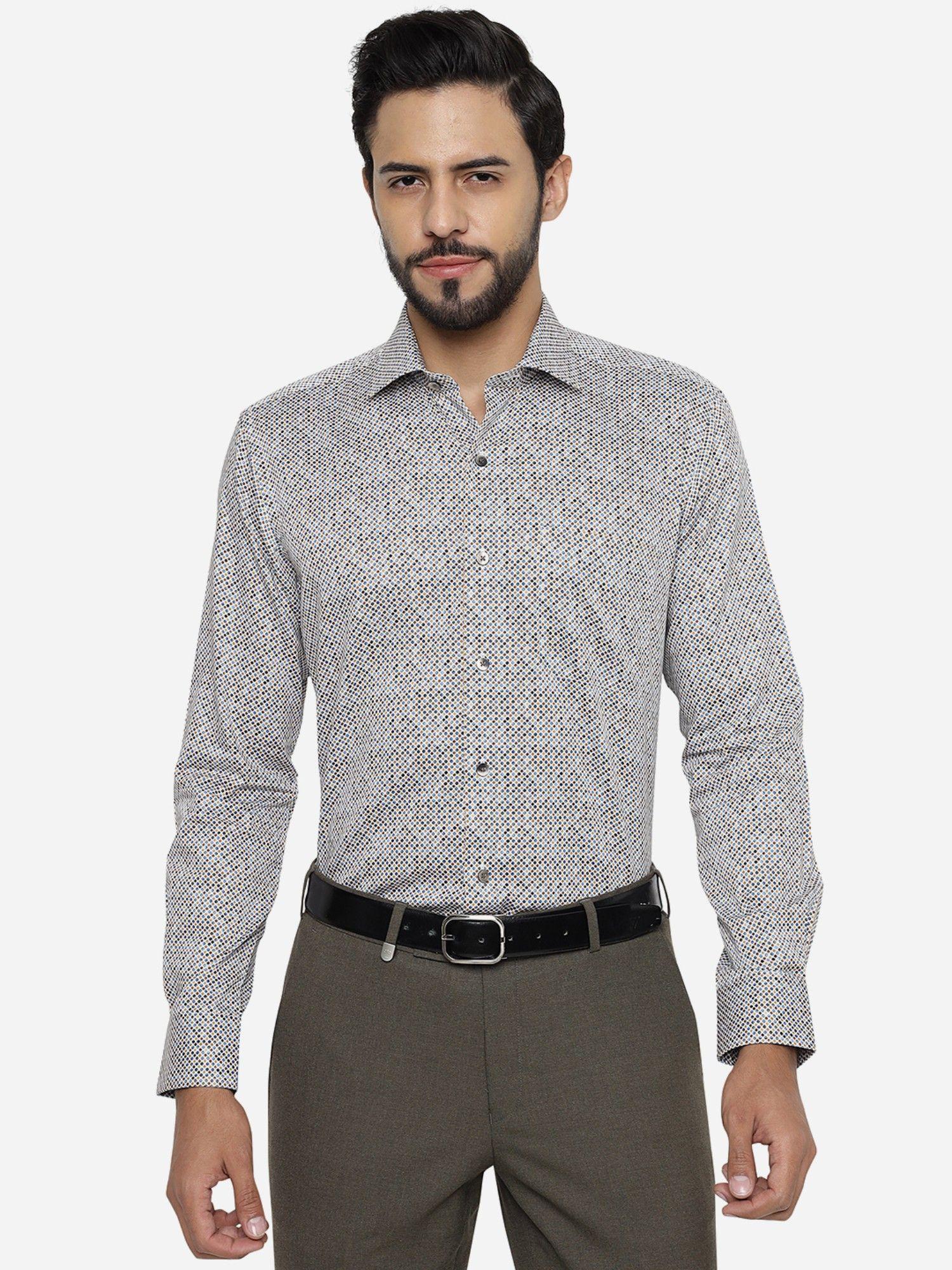 men dark grey pure cotton slim fit printed formal shirt