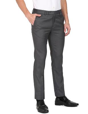 men dark grey solid dobby weave formal trousers