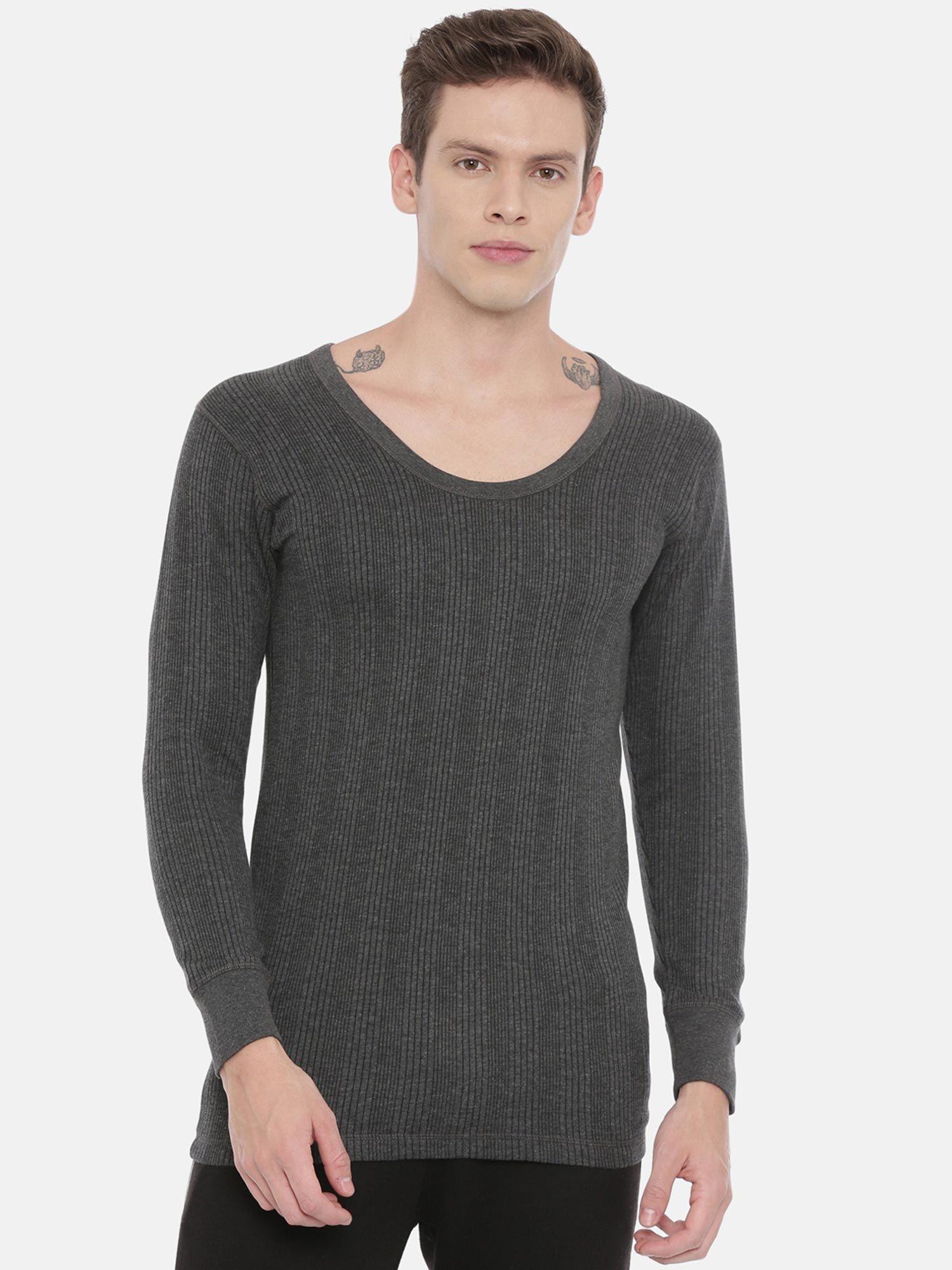 men dark grey striped thermal top grey