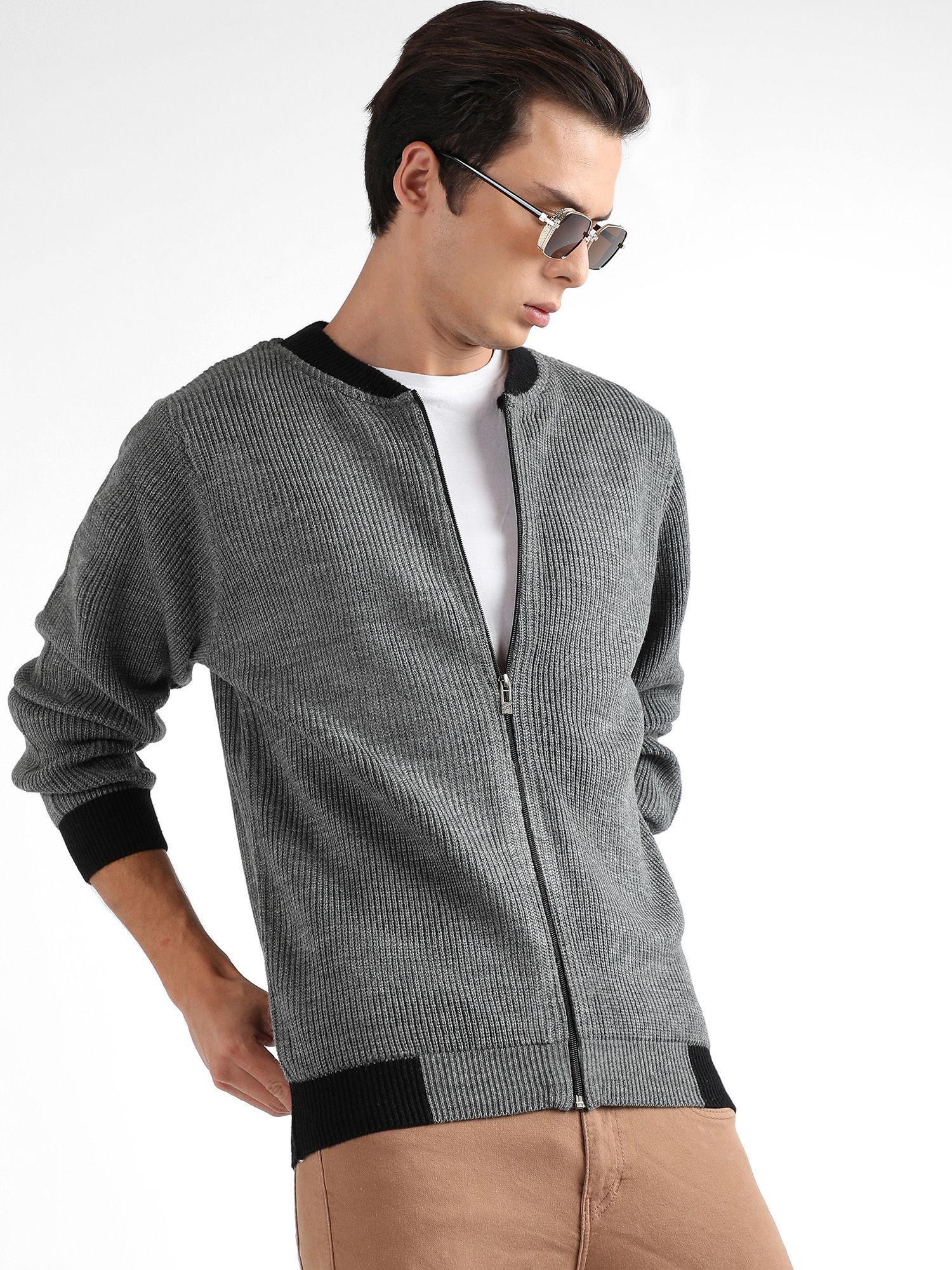 men dark grey zip-front sweater with contrast hem