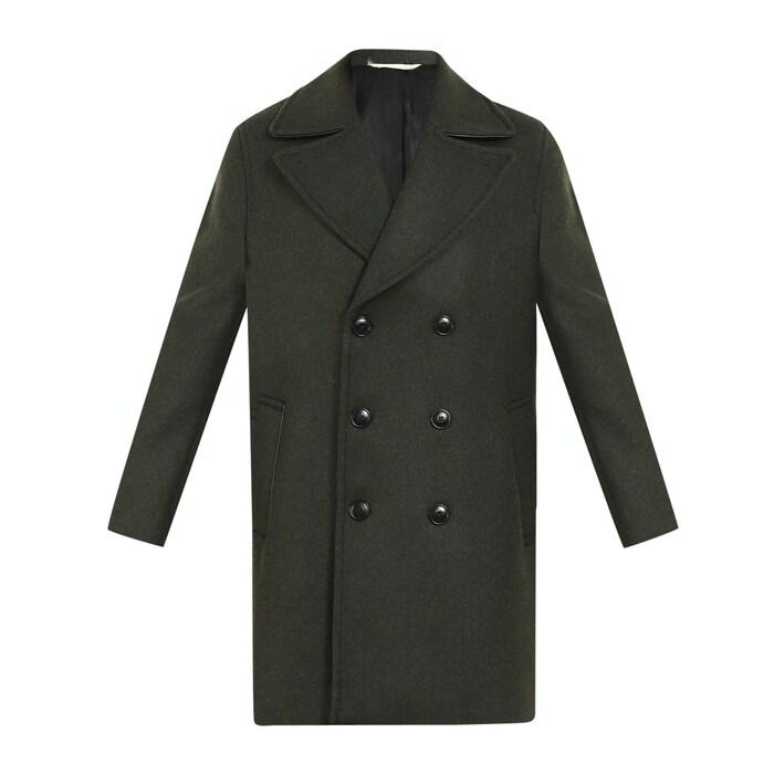 men dark olive overcoat with leather trims