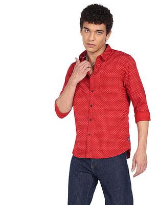 men dark orange geometric print cotton casual shirt