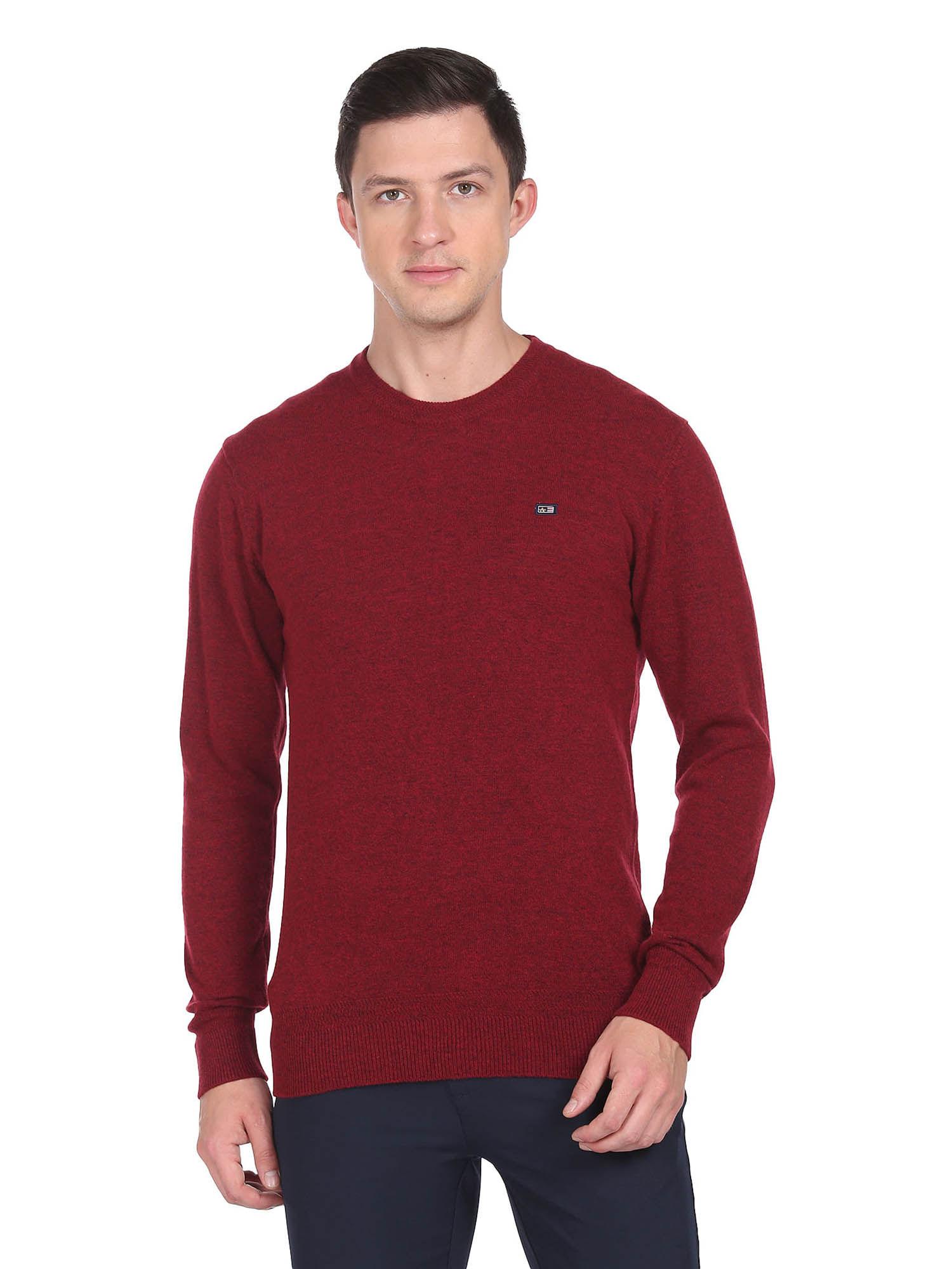 men dark red crew neck heathered sweater