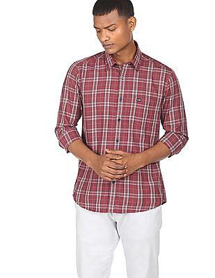 men dark red patch pocket check casual shirt