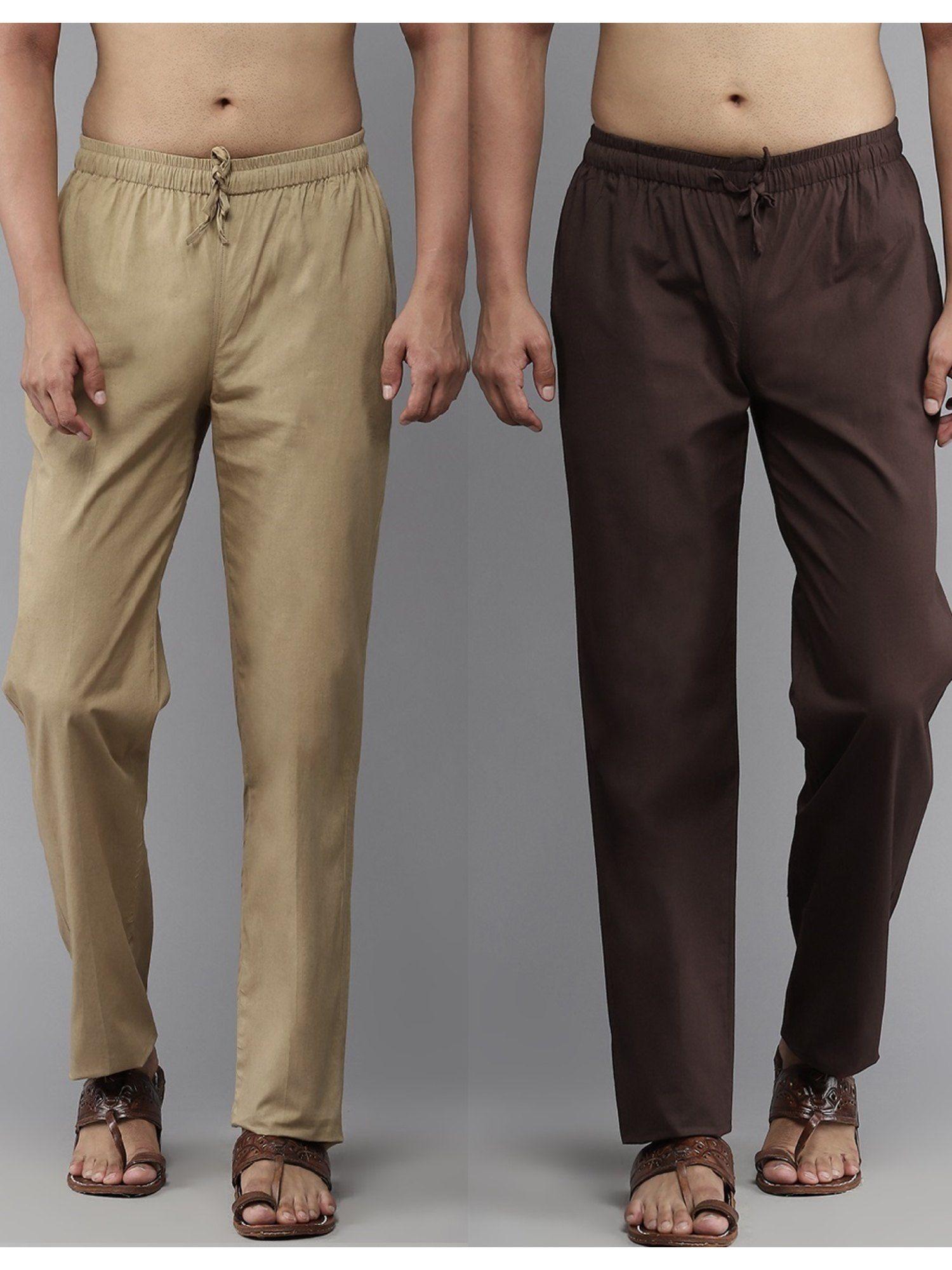 men deep brown and brown solid pure cotton pyjama (set of 2)