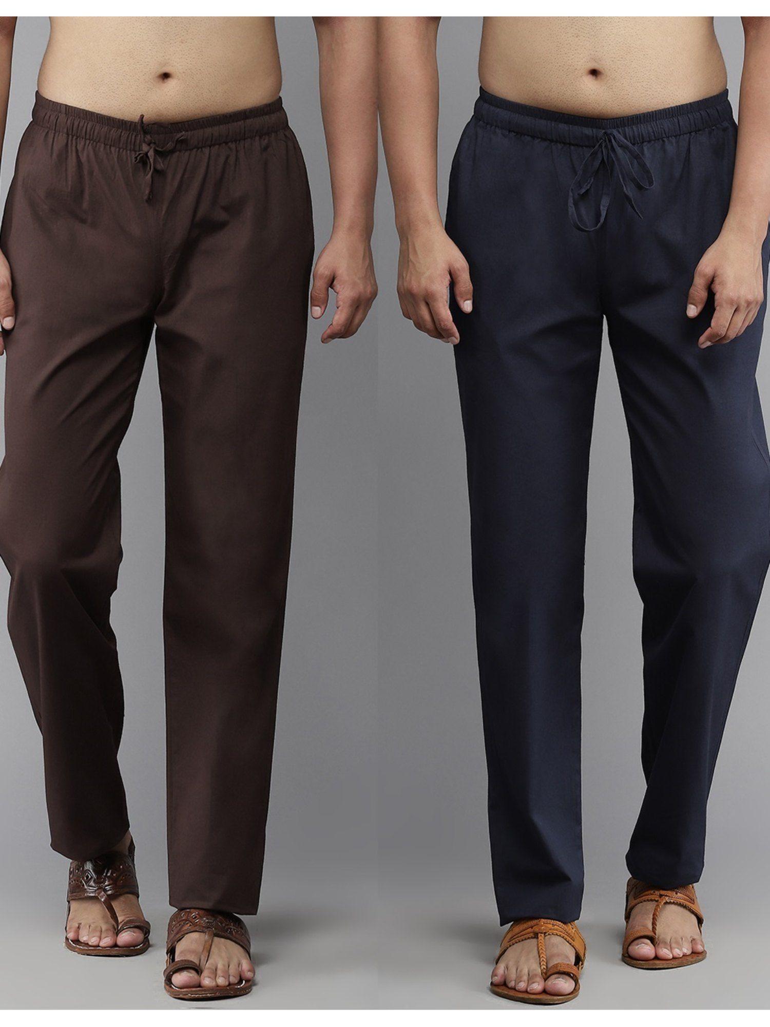 men deep brown and navy blue solid pure cotton pyjama (set of 2)