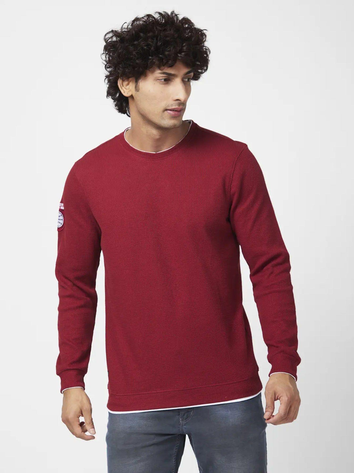 men deep red slim fit full sleeve round neck textured casual sweatshirt