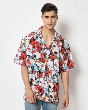 men demon slayer anime inspired kitsune masks print oversized hawaiian shirt