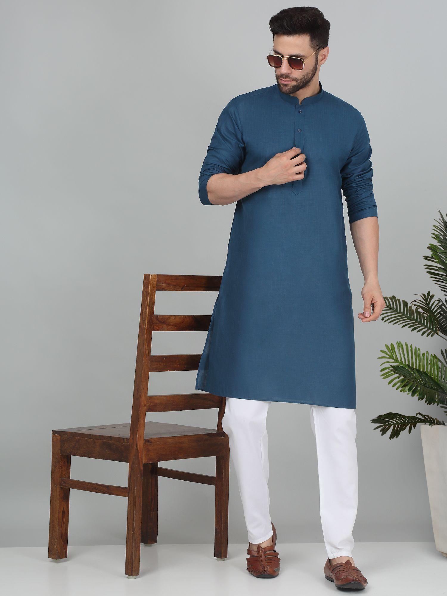 men denim blue cotton knee length kurta