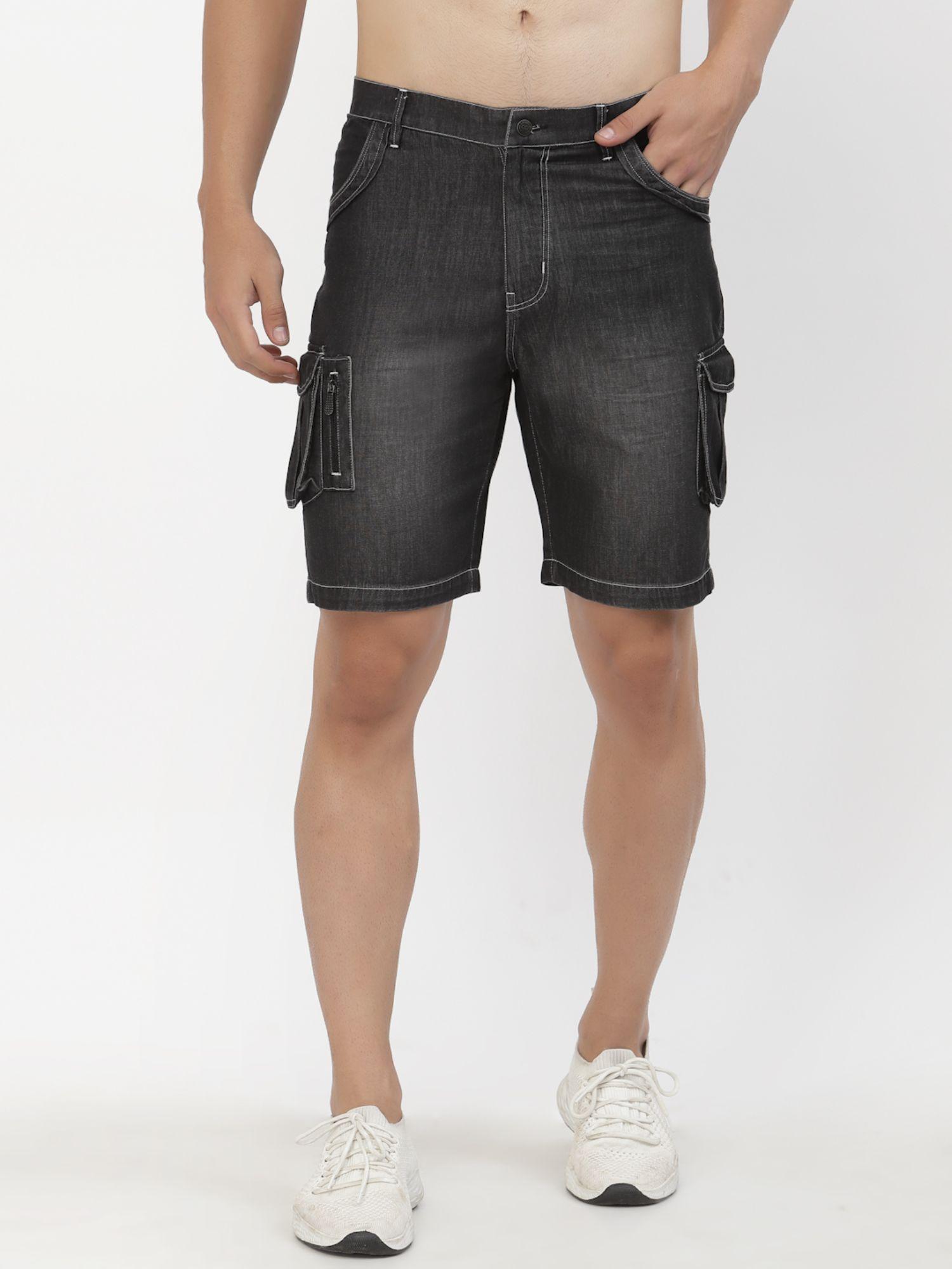 men denim cargo shorts with pockets - black