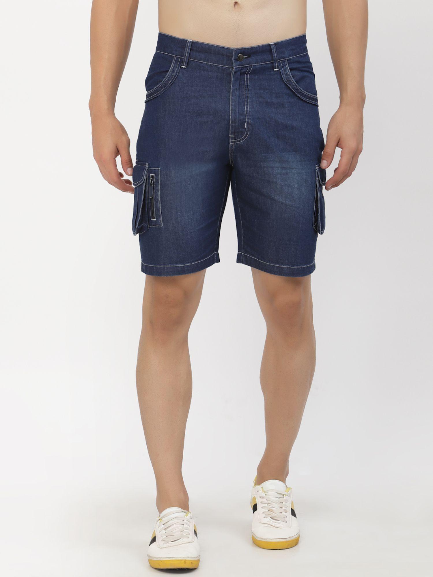 men denim cargo shorts with pockets - blue
