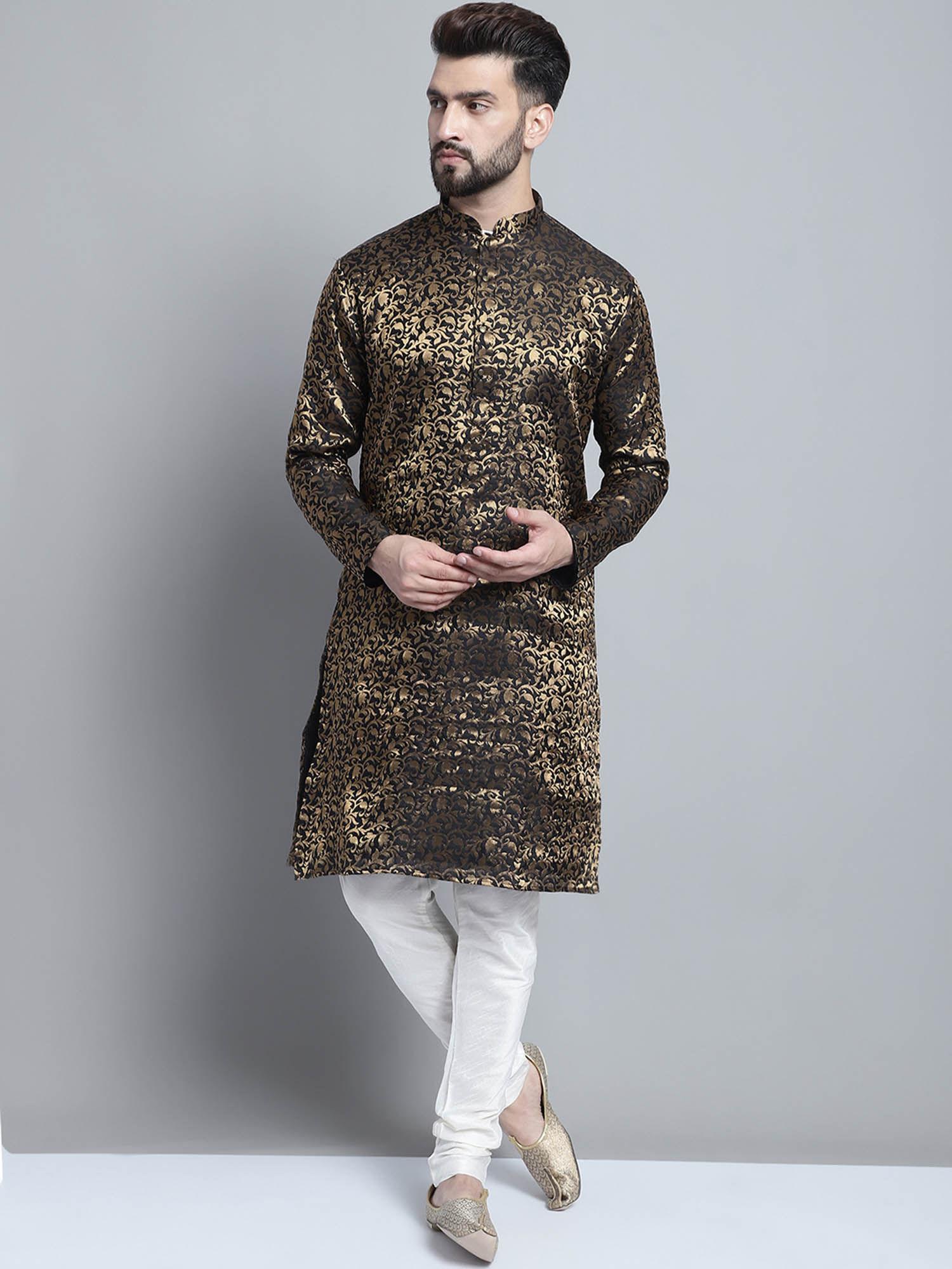 men designer black golden brocade silk kurta & churidar (set of 2)