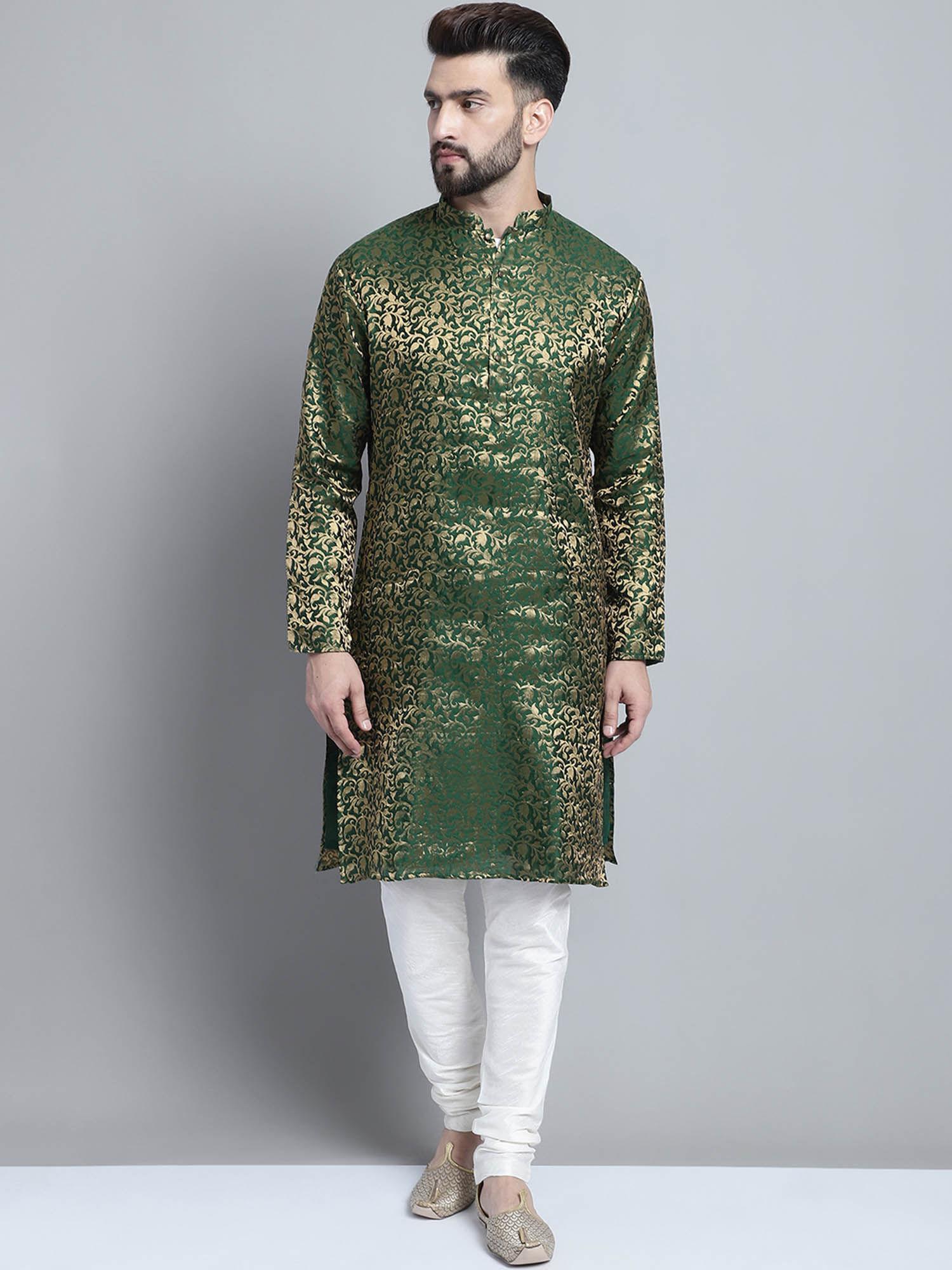 men designer green golden brocade silk kurta & churidar (set of 2)