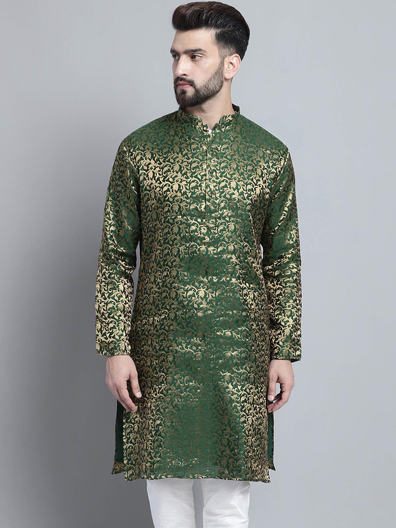 men designer green golden brocade silk kurta