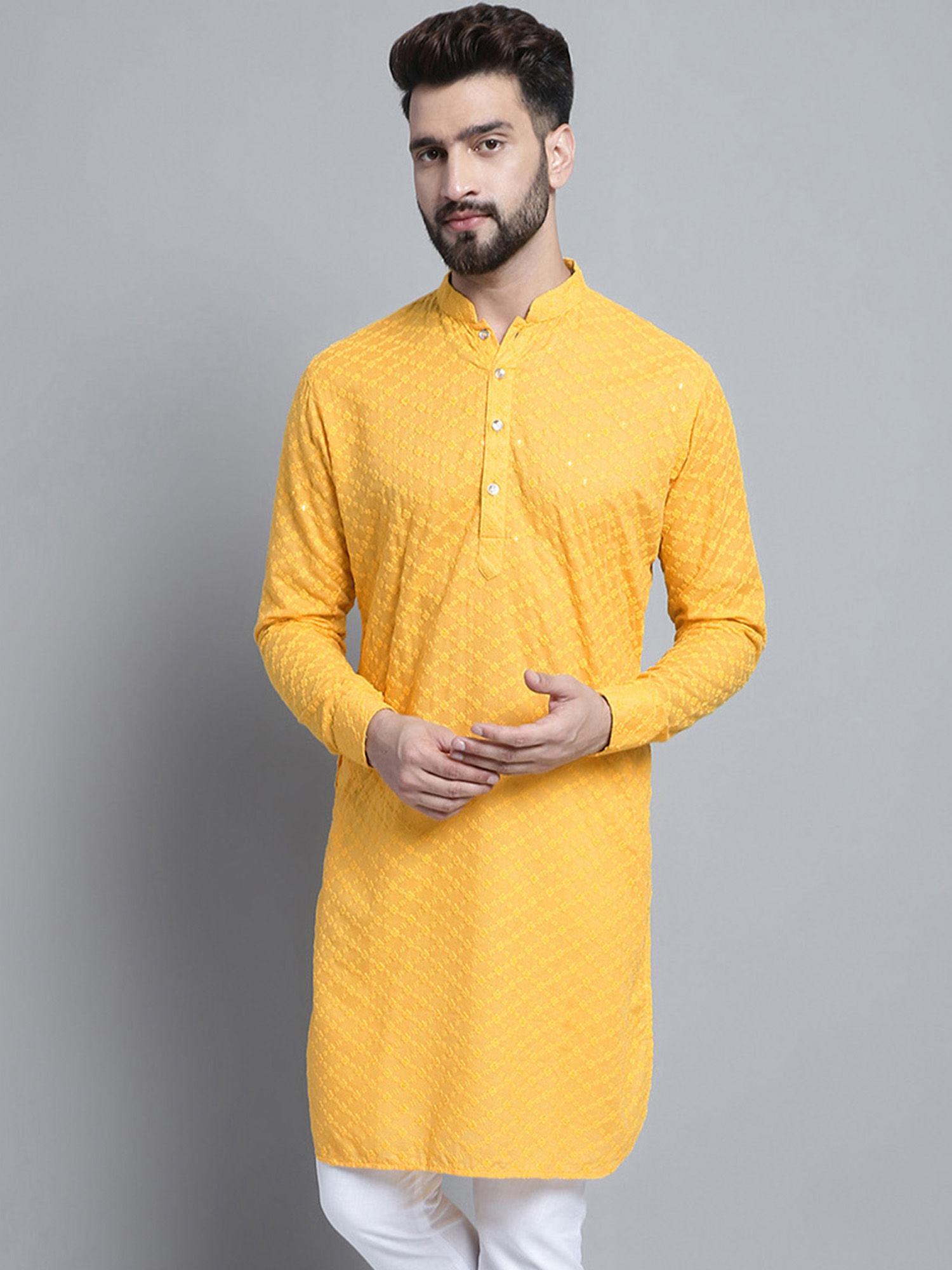 men designer yellow chikankari cotton kurta