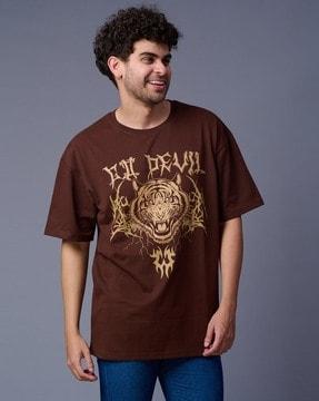 men devil tiger printed oversized crew-neck t-shirt