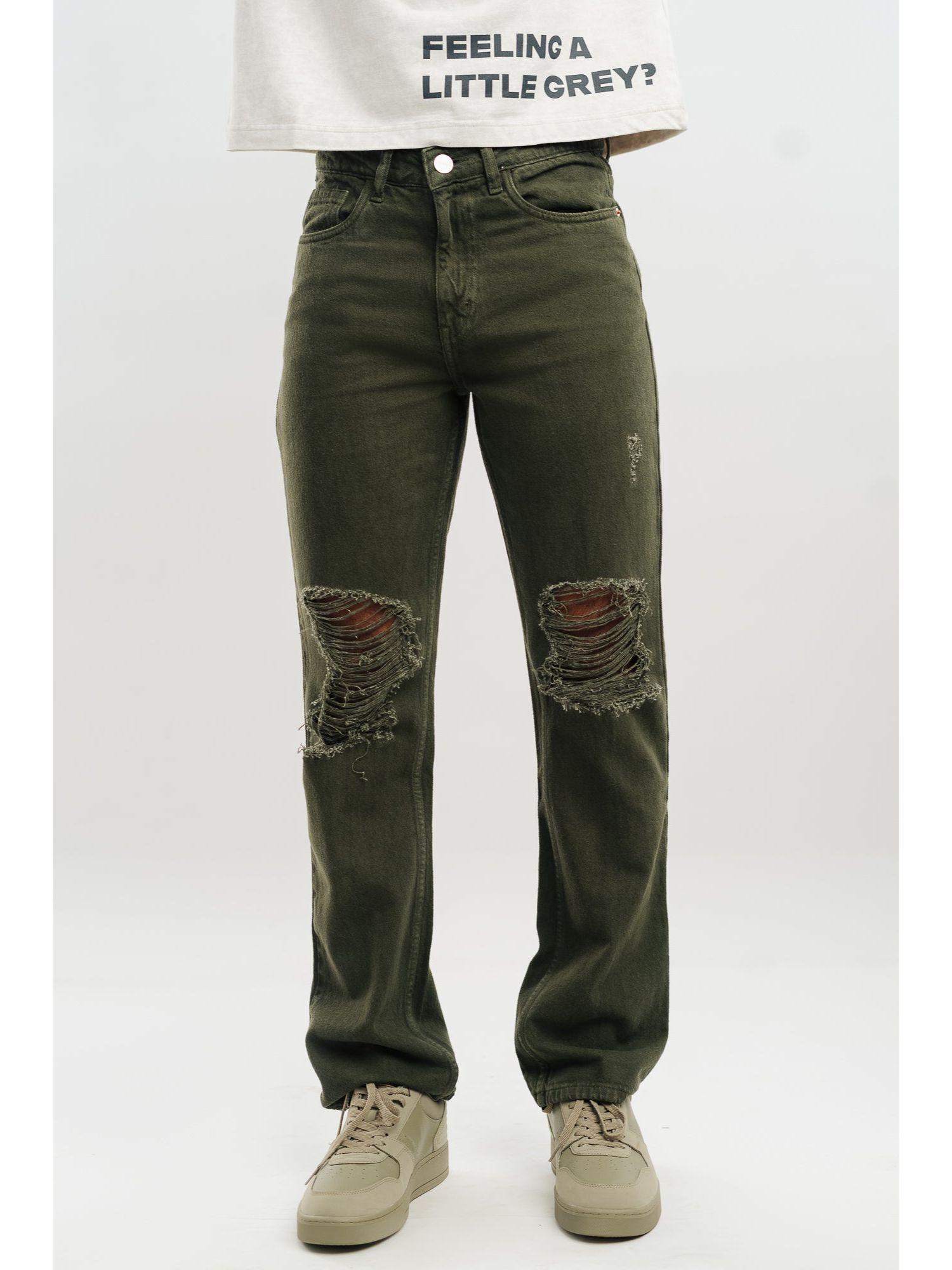 men distressed straight olive jeans