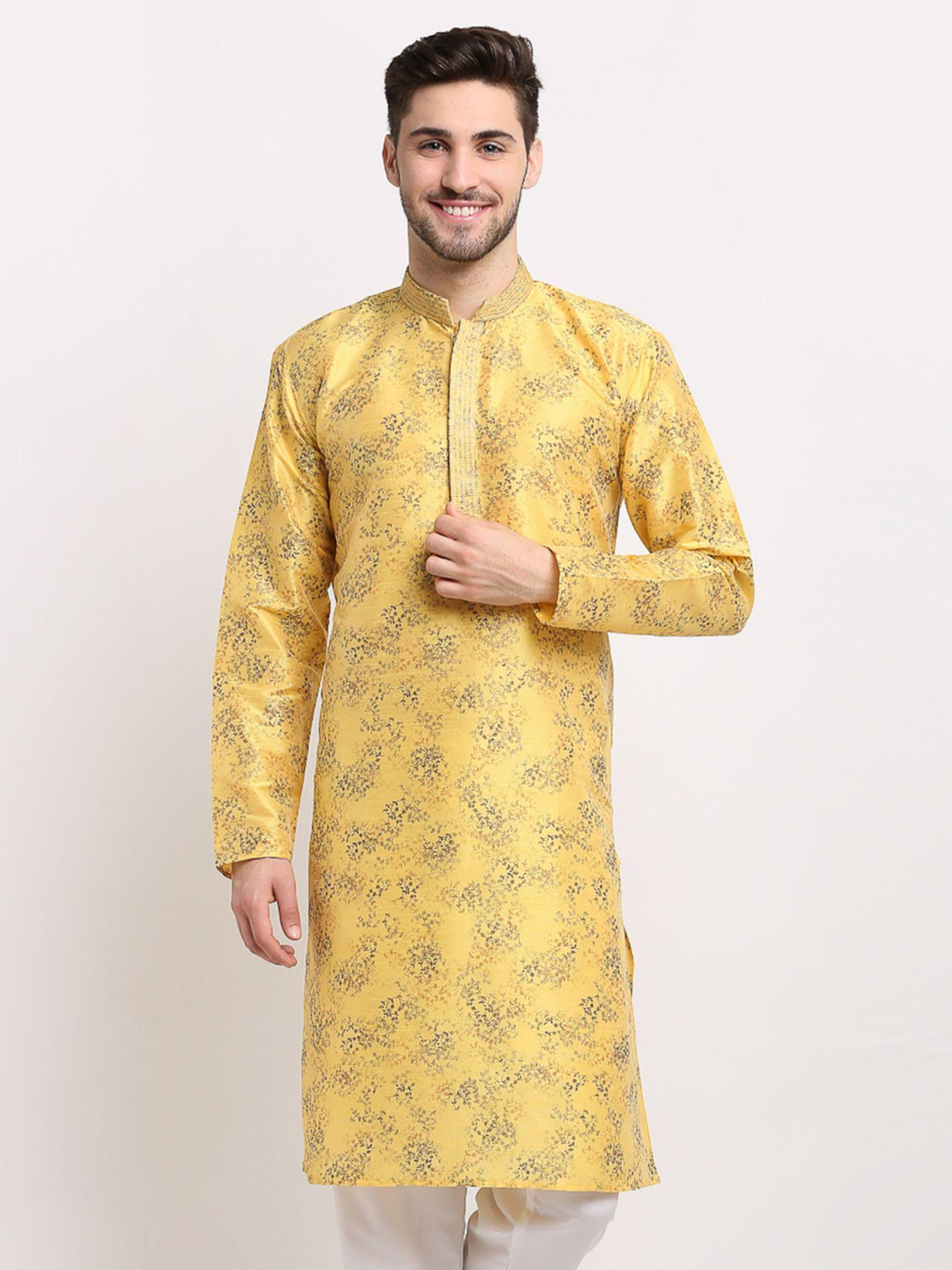 men dupion printed kurta in yellow