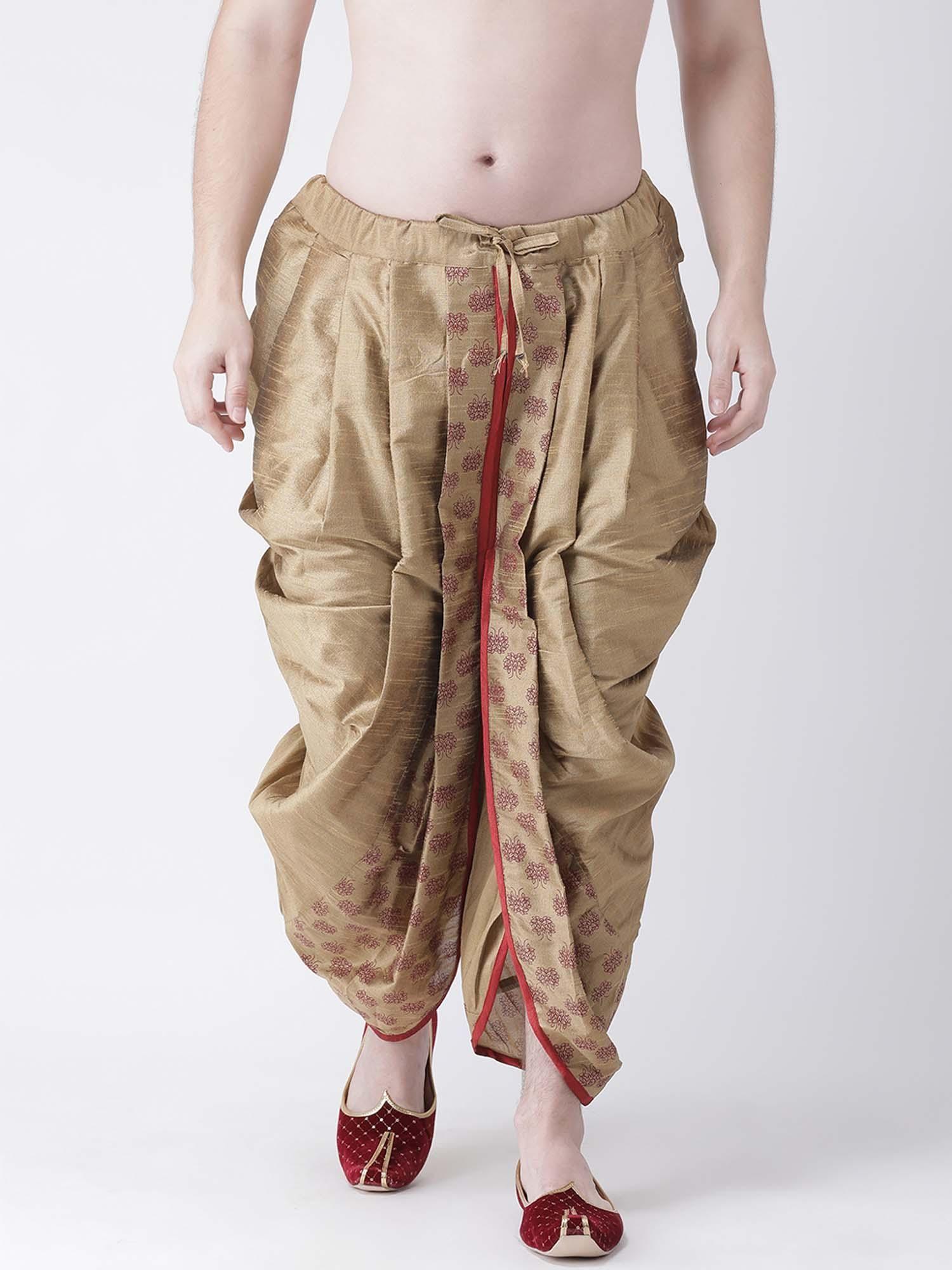 men dupion silk beige & red printed dhoti pant