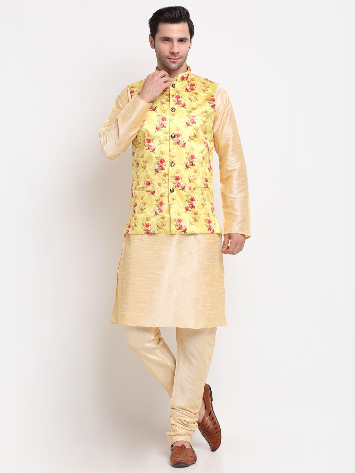 men dupion silk beige kurta with churidar & yellow printed nehru jacket (set of 3)