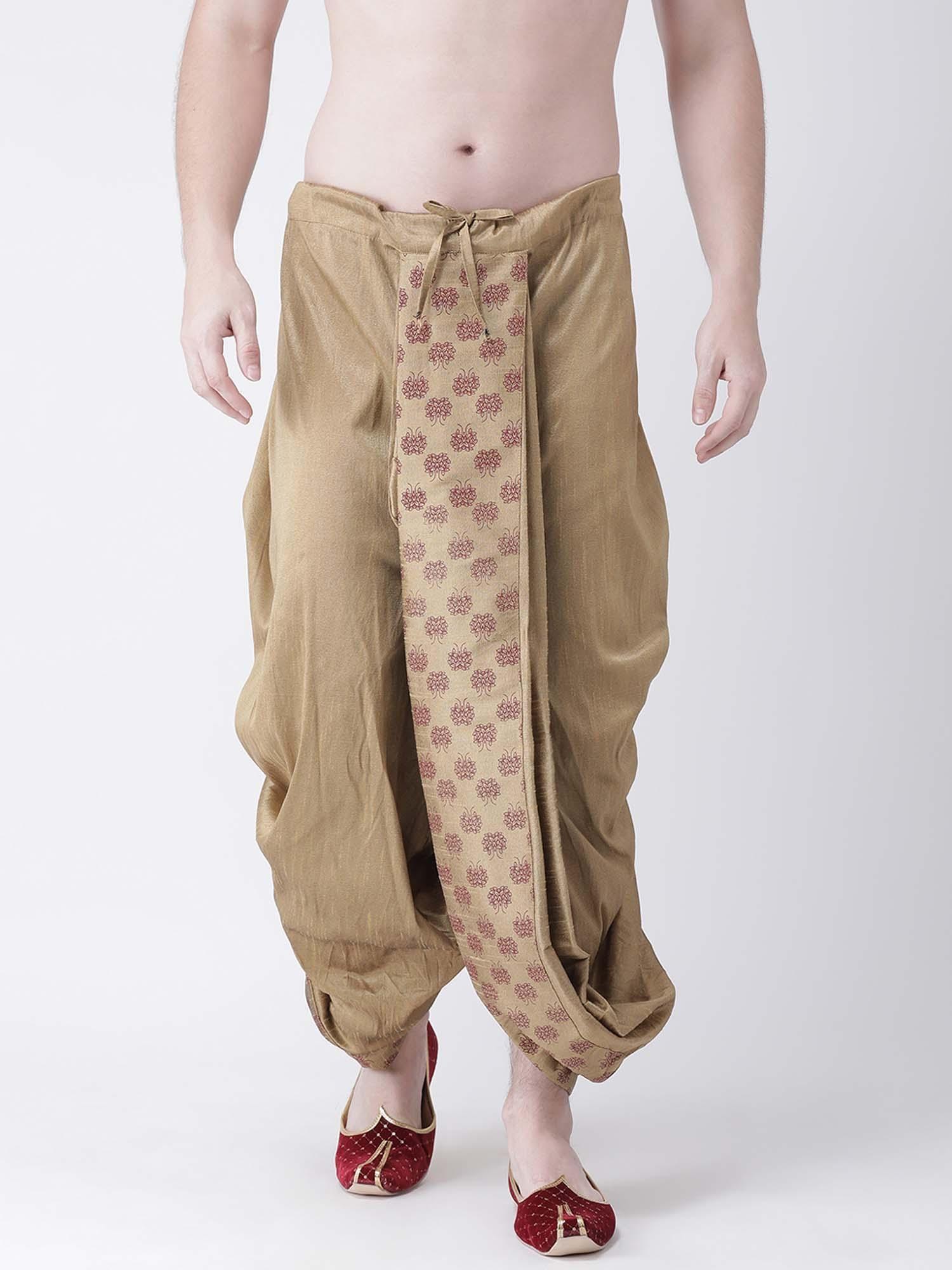 men dupion silk beige printed dhoti pant