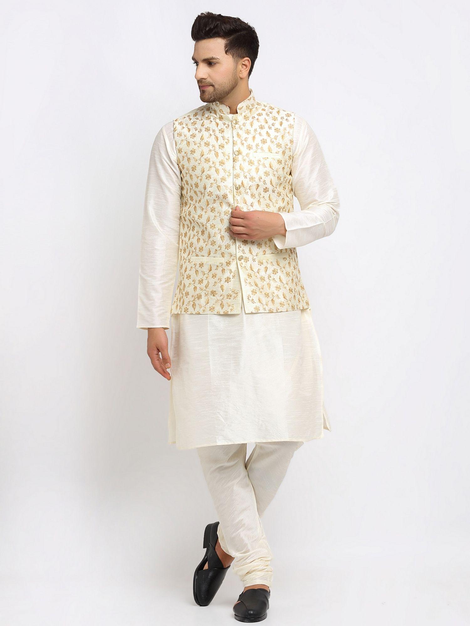 men dupion silk cream kurta with churidar & embroidered nehru jacket (set of 3)