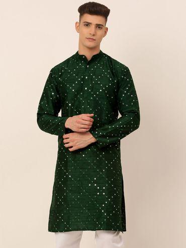 men dupion silk embroidered kurta in green