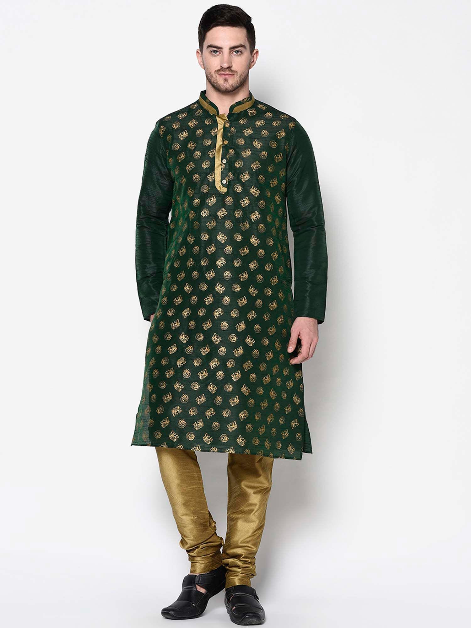 men dupion silk green & gold printed kurta & pyjama (set of 2)