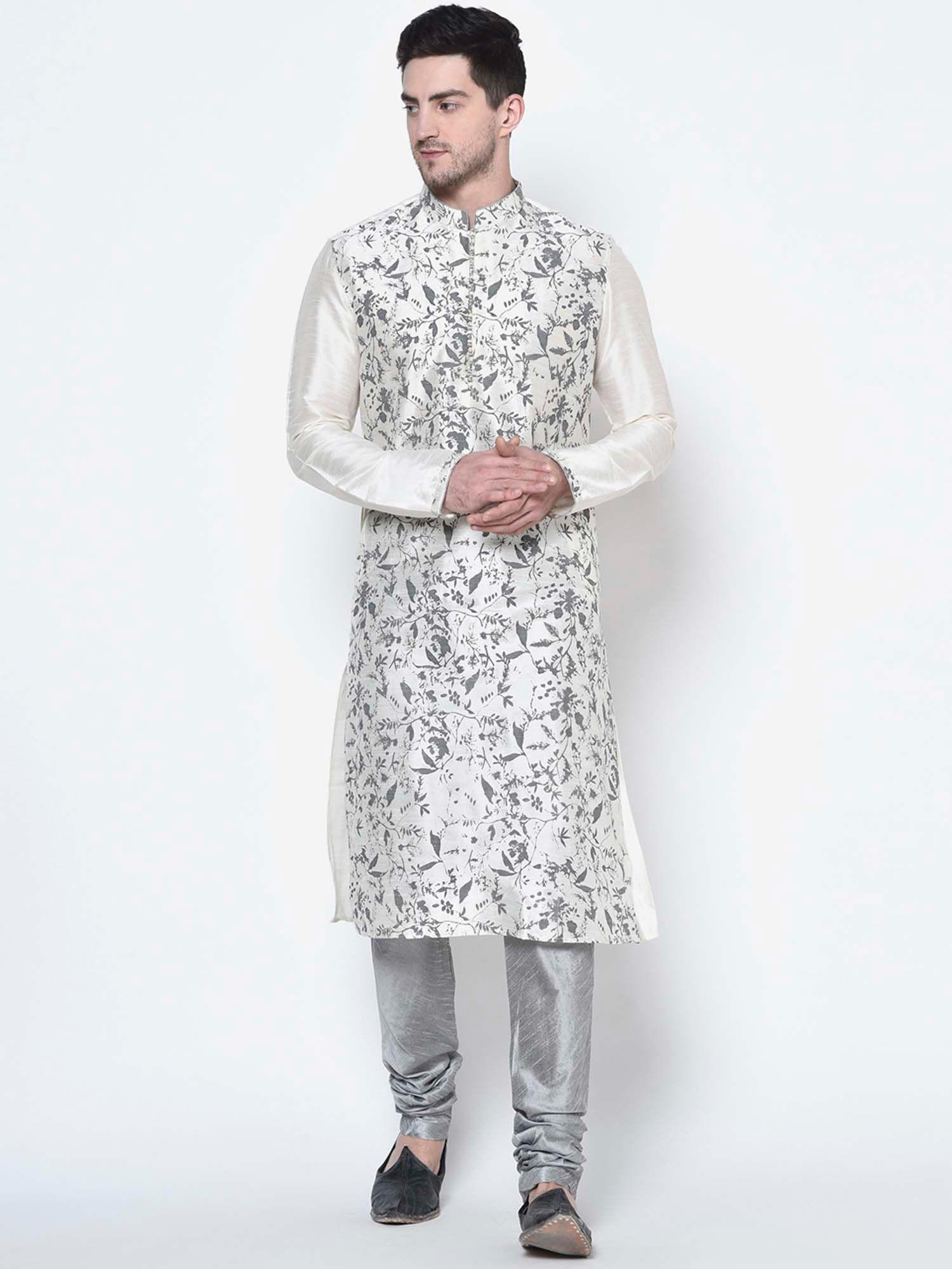 men dupion silk grey & white printed kurta & pyjama (set of 2)