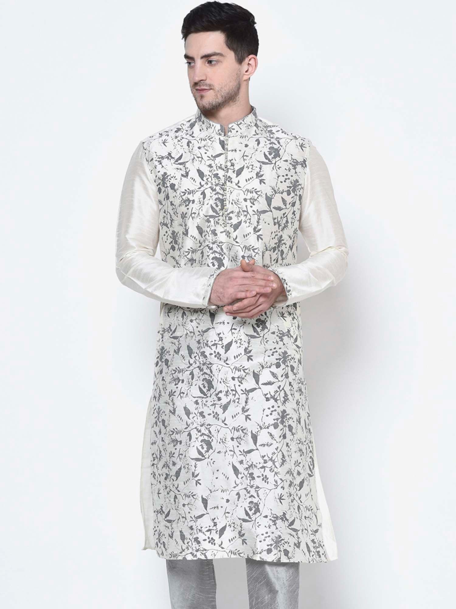 men dupion silk off white straight kurta