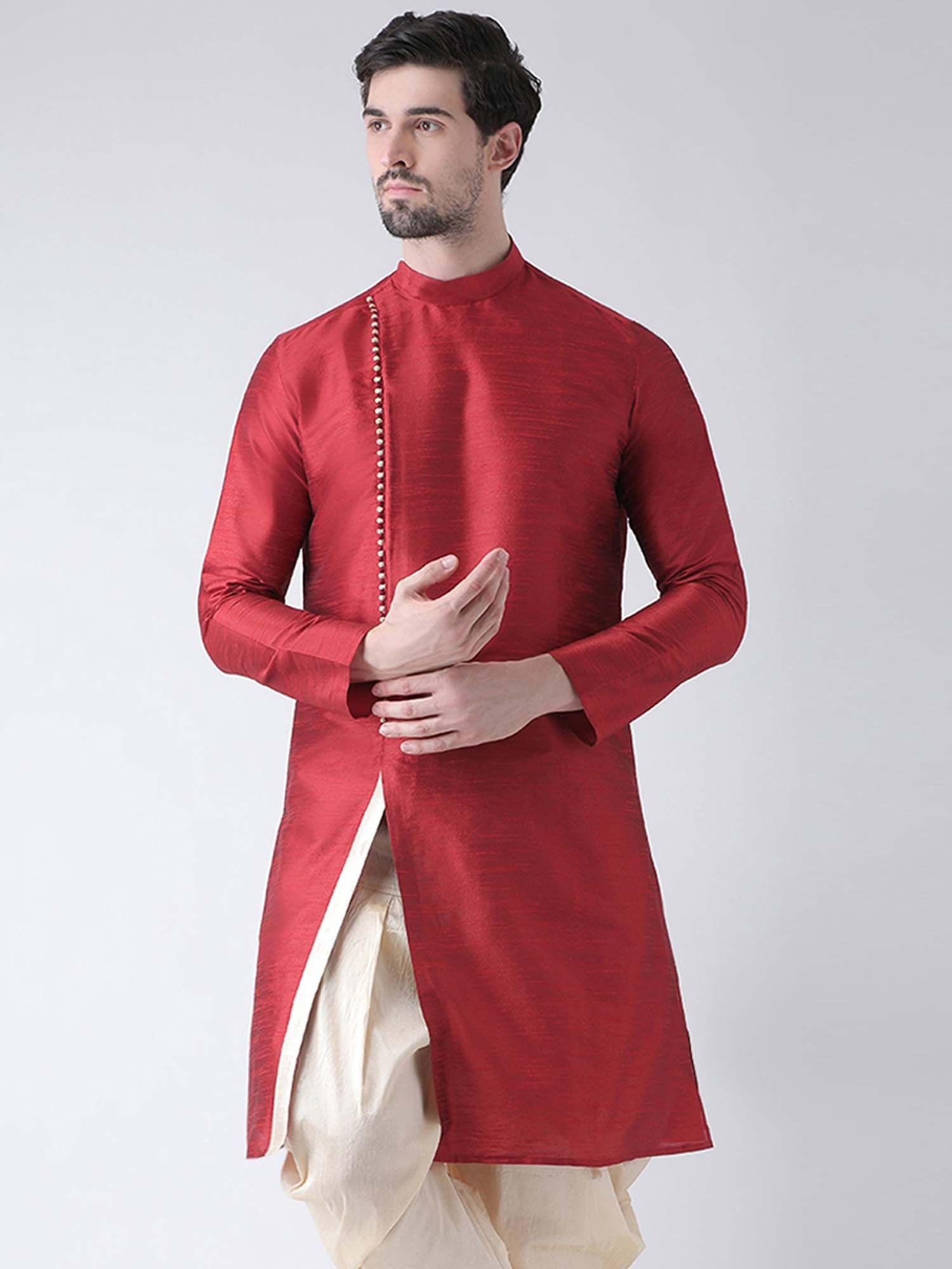 men dupion silk red solid straight kurta