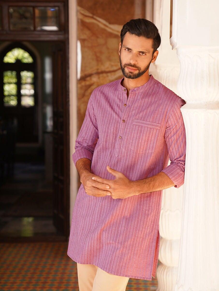 men dusty pink cotton self design mandarin collar regular fit kurta