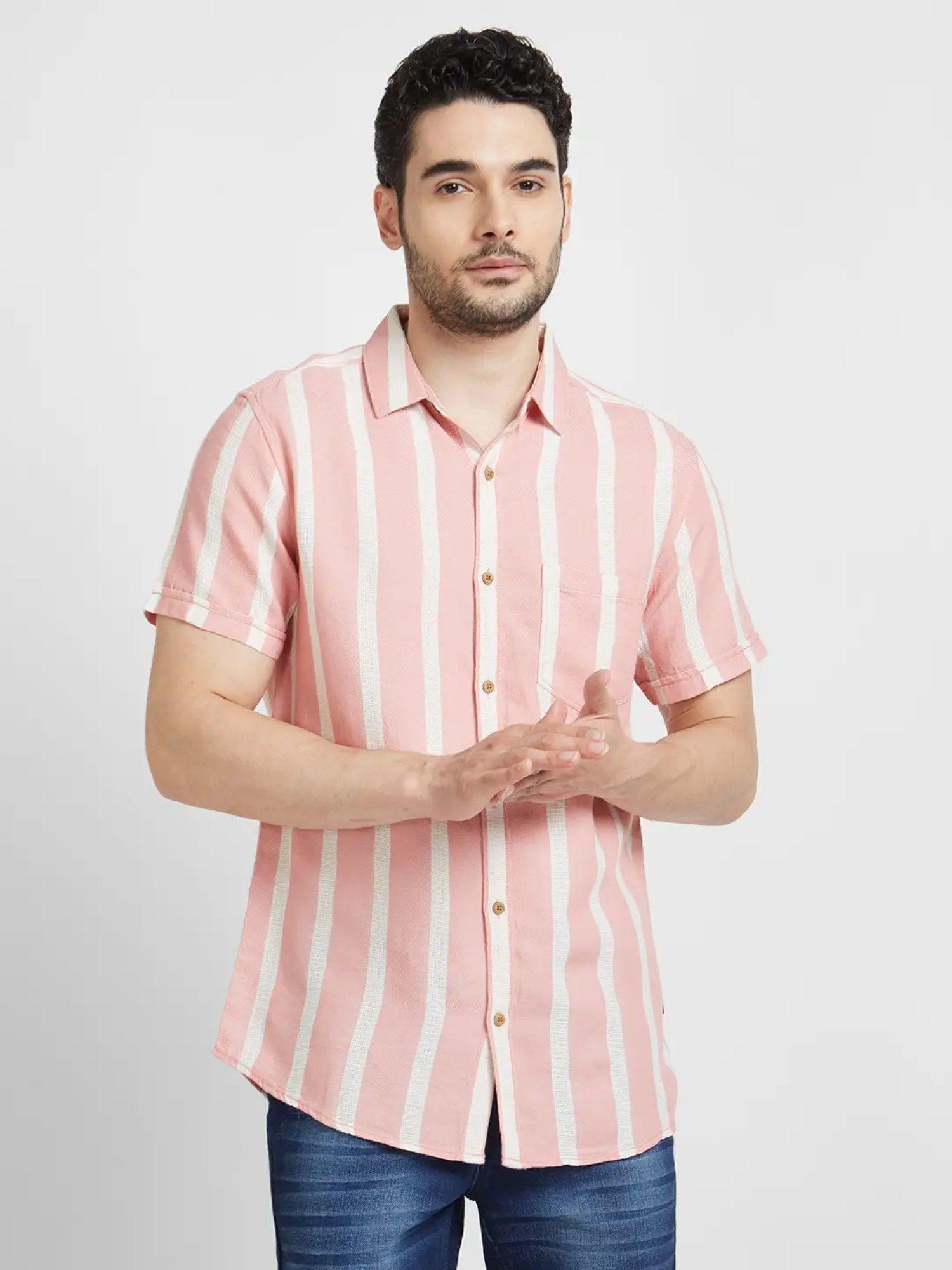 men dusty pink cotton slim fit half sleeve striped shirt