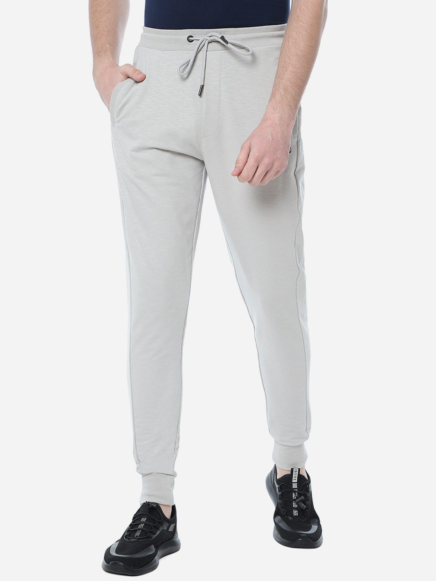 men ecru grey solid slim fit track pant