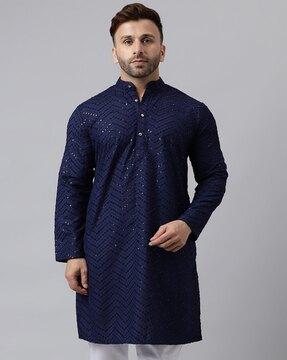 men embellished & embroidered regular fit long kurta