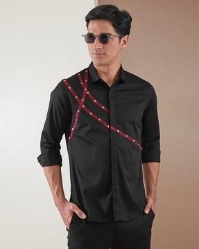 men embellished cotton shirt with spread collar