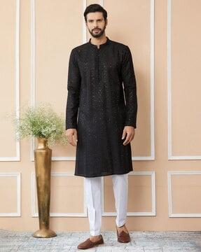 men embellished regular fit chanderi silk kurta