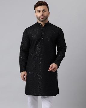 men embellished regular fit cotton kurta