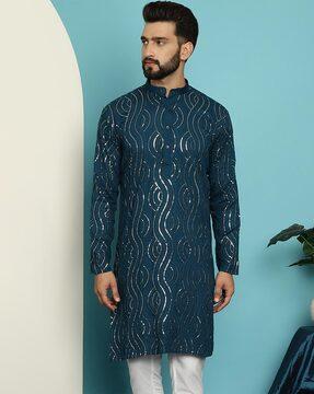 men embellished regular fit cotton kurta