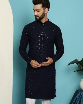 men embellished regular fit cotton kurta